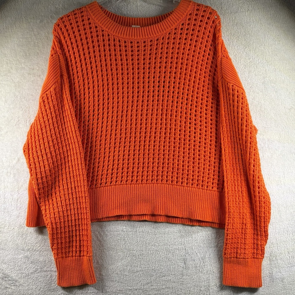 Open‎ Knit Cropped Sweater Orange Boxy Pullover Long Sleeve Crewneck Size L